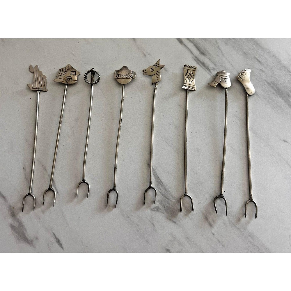 Vintage TAXCO Silver Olive Picks Forks Set of 8 Bar Ware Appetizers Mexico HHH